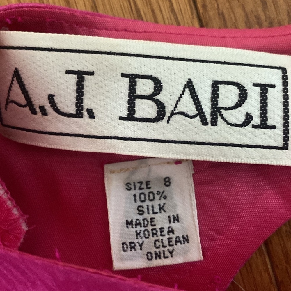 Vintage A.J. Bari 100% Silk Lined Fuchsia Pink Bow Tie Ruffle Dress Size 8 - Picture 14 of 15